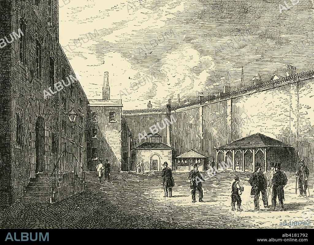 'Courtyard in the Fleet Prison', (c1872). The notorious prison by the River Fleet in London was originally built in 1197. During the 18th century it was mainly used for debtors and bankrupts. It was rebuilt several times, and was in use until 1844, being demolished in 1846. From Old and New London, Vol. II: A Narrative of Its History, Its People, and Its Places, by Walter Thornbury. [Cassell, Petter, Galpin & Co., London, Paris & New York].