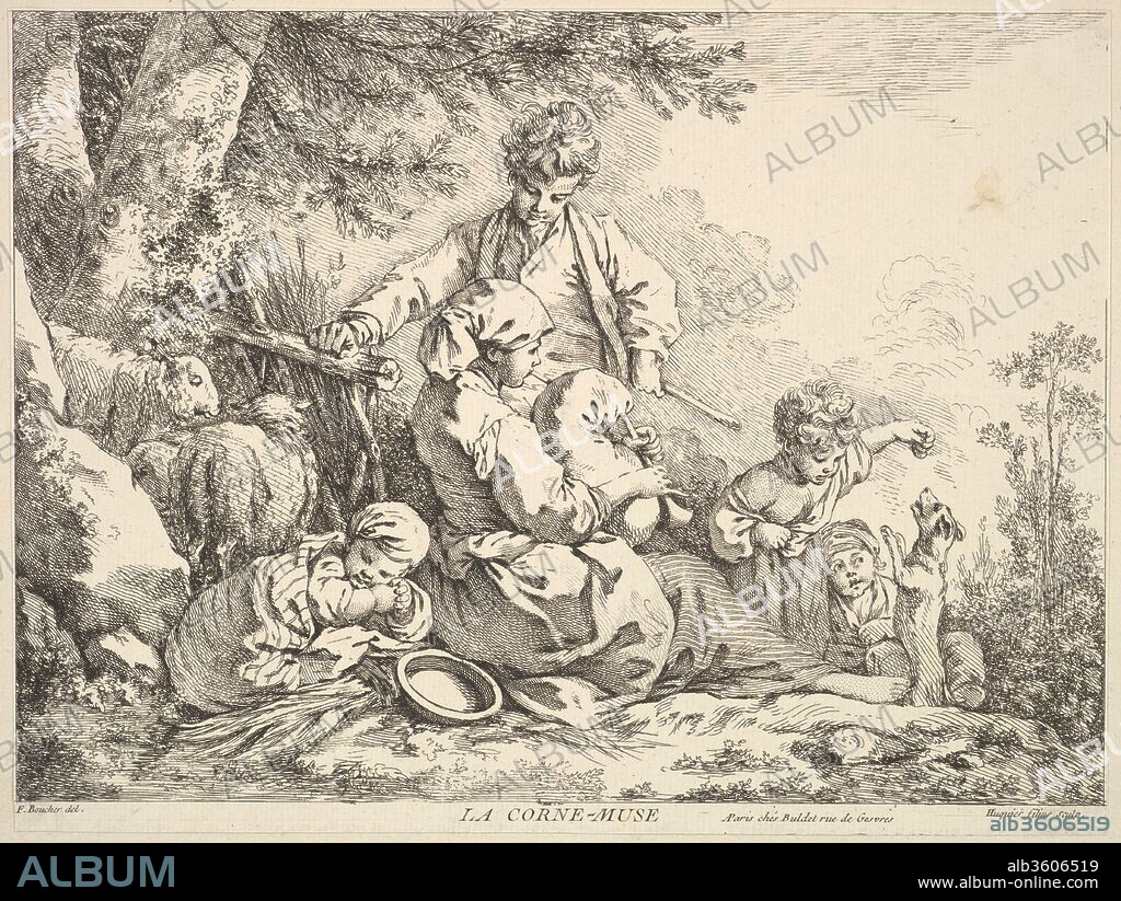 Bagpipes. Artist: After François Boucher (French, Paris 1703-1770 Paris); Jacques Gabriel Huquier (French, Paris 1730-1805 Shrewsbury). Dimensions: Sheet (trimmed): 7 1/2 × 9 7/8 in. (19 × 25.1 cm). Date: mid to late 18th century.