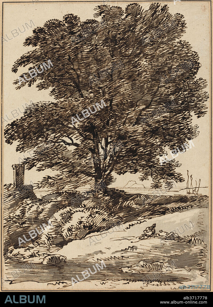 FRANZ INNOCENZ JOSEF KOBELL. Seacoast with a Great Tree. Dimensions: overall: 26.5 x 19.1 cm (10 7/16 x 7 1/2 in.). Medium: pen and brown ink and touches of gray ink with gray washes on laid paper.