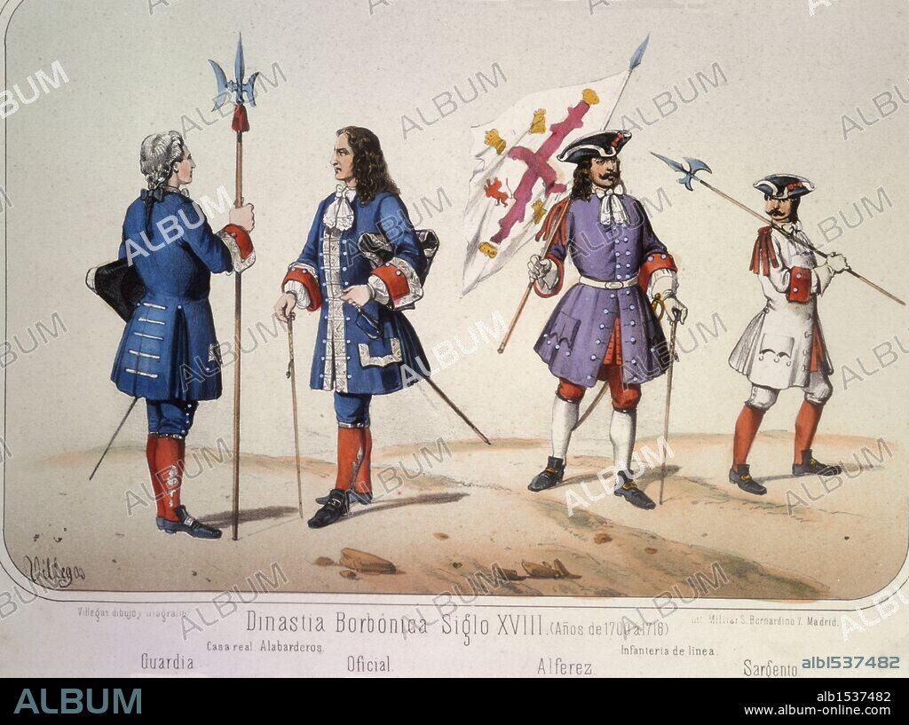 Reinado de Felipe V (1700 a 1724 y 1746). Guardia, Oficial, Alférez y Sargento en los años 1700 a 1718. Dibujo de Villegas. Lámina número 37 del ALBUM DE LA INFANTERIA ESPAÑOLA del Teniente General Conde de Clonard. Litografía Militar, Madrid, año 1861.