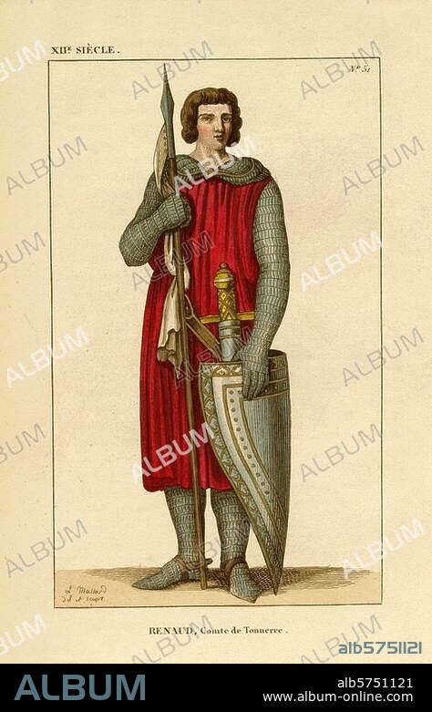 Tonnerre, Renaud, Comte de (12e siècle). "RENAUD, Comte de Tonnerre". (Portrait en pied d'après représentation d'époque). Gravure sur cuivre, coloriée, de Léopold Massard (1812-1889). N° 51 d'une série sur les costumes à travers l'Histoire de France. H. 0,24 . L. 0,145. Berlin, Sammlung Archiv für Kunst und Geschichte.
