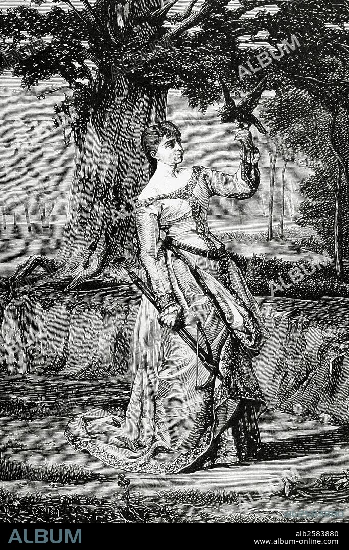 Matilde de Inglaterra (1102-1167). Emperatriz consorte del Sacro Imperio Romano Germánico (1114-1125) y reina de Inglaterra (1141), siendo la primera mujer en acceder al trono inglés. Grabado por E. Alba. "La Ilustración Española y Americana", 1887.