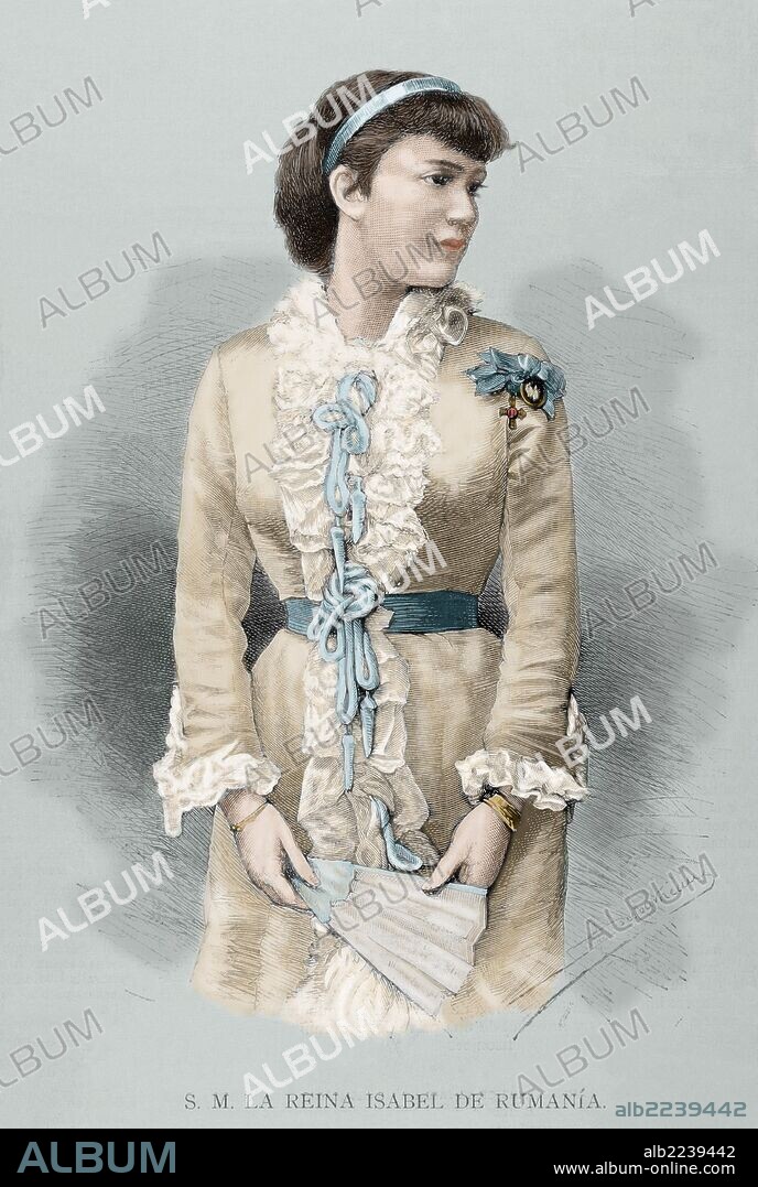 ISABEL DE WIED (1843-1916). Reina consorte de Rumanía por su matrimonio con el rey Carlos I, además de una célebre novelista bajo el pseudónimo de Carmen Sylva. Grabado por Dufourneau "La Ilustración Española y Americana", año 1883. Coloreado.
