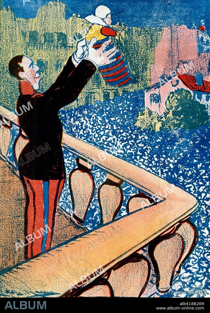 caricature of the birth of Alfonso son of the Spanish King, Alfonso XIII;1907,  Illustration from 'L'Assiette au Beurre', an illustrated French weekly satirical magazine with anarchist political leanings that was chiefly produced between 1901 and 1912. Alfonso XIII (1886 – 1941) was King of Spain from 1886 until the proclamation of the Second Republic in 1931. Alfonso, Prince of Asturias, (1907 – 1938), heir apparent to the throne of Spain from birth until he renounced his rights in 1933. He died as a result of a car accident. his haemophilia led to fatal internal bleeding.