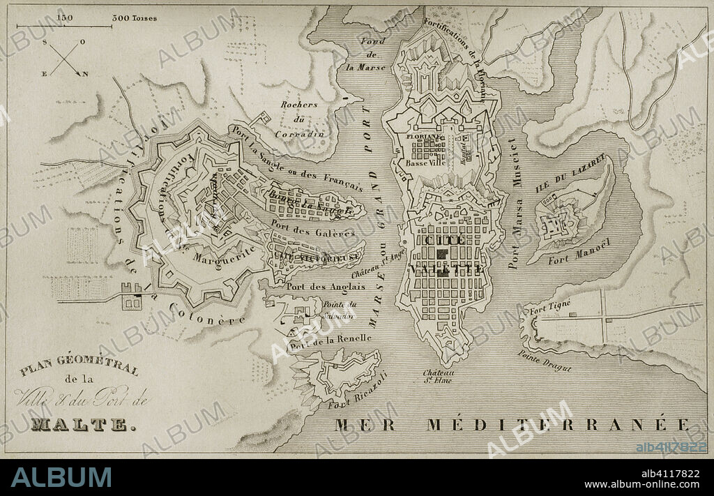 Malta. Plan of the city and harbor of Valletta and environs. History of Malta and Gozo, by Frédéric Lacroix. Panorama Universal, Spanish edition, printed in Barcelona, 1850.
