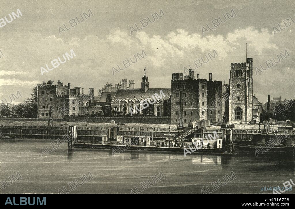 'Lambeth Palace', c1876. London residence of the Archbishop of Canterbury in England, Grade I listed. Tudor building with construction added in neo-Gothic style in 1834 by Edward Blore (1787-1879). From "Old and New London: A Narrative of Its History, Its People, and Its Places. The Western and Northern Studies", by Edward Walford. [Cassell, Petter, Galpin & Co., London, Paris & New York].