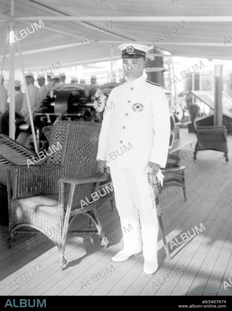 Togo Heihachiro (January 27, 1848 - May 30 1934) was one of Japan's greatest naval heroes. His first experiences at war were during the Tokugawa conflicts (1863-69). He was 15 and part of a gun crew. In 1871, he and 11 other Japanese officer cadets were selected to travel to Britain to further their naval studies. Promoted to lieutenant he returned to Japan in 1878. During the Sino-French War (1884- 85) he closely followed the actions of the French fleet under Admiral Courbet. In 1894, during the First Sino-Japanese War, Togo, he sank the British transport ship, Kowshing, which was chartered by the Chinese Beiyang Fleet to convey troops. In 1903, the Navy Minister Yamamoto Gonnohyoe appointed him Commander-in-Chief of the Combined Fleet of the Imperial Japanese Navy. During the Russo-Japanese War, he commanded the Japanese naval forces at the destruction of the Imperial Russian Navy's Baltic Fleet. He kept his journals in English, and wrote, "I am firmly convinced that I am the re-incarnation of Horatio Nelson." He was awarded the Collar of the Supreme Order of the Chrysanthemum in 1926 making him Japan's most decorated naval officer ever. He died in 1934 at the age of 86. Harris & Ewing, 1905-30.