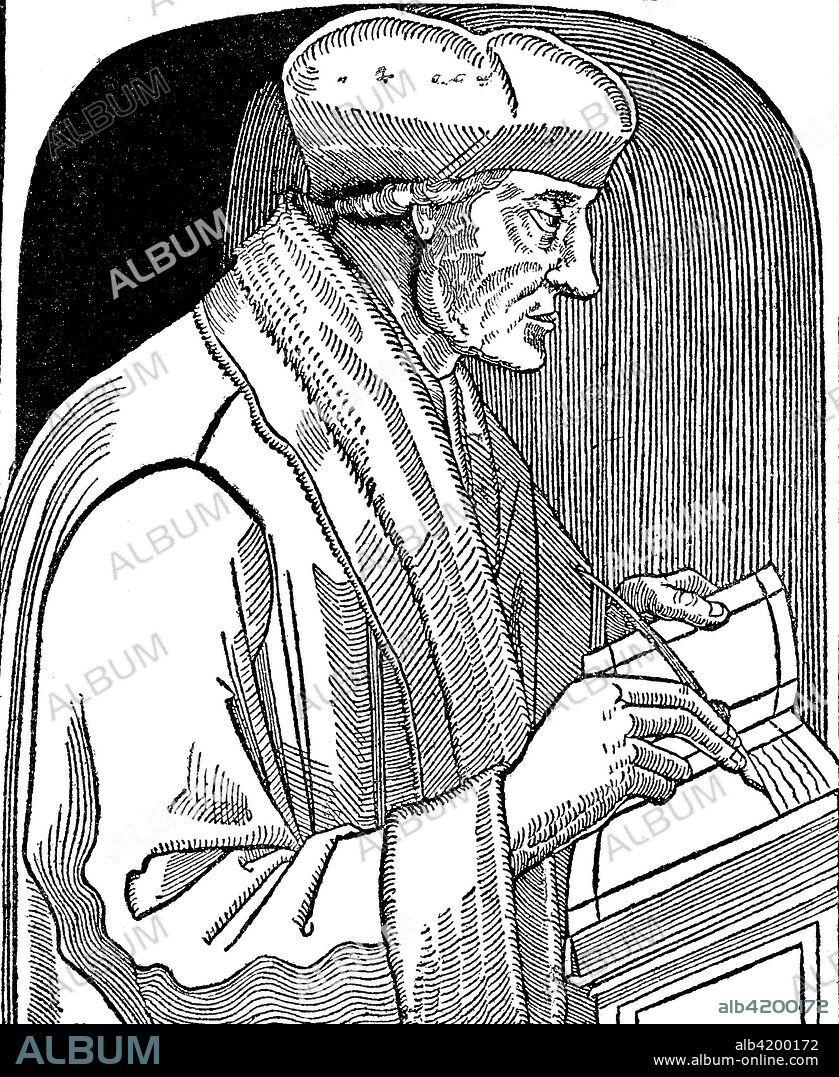 Desiderius Erasmus Roterodamus, known as Erasmus or Erasmus of Rotterdam, a Dutch Renaissance humanist, Catholic priest, social critic, teacher, and theologian, Bildnis des Erasmus, 1467 - 1536, digital improved reproduction of a woodcut, published in the 19th century.