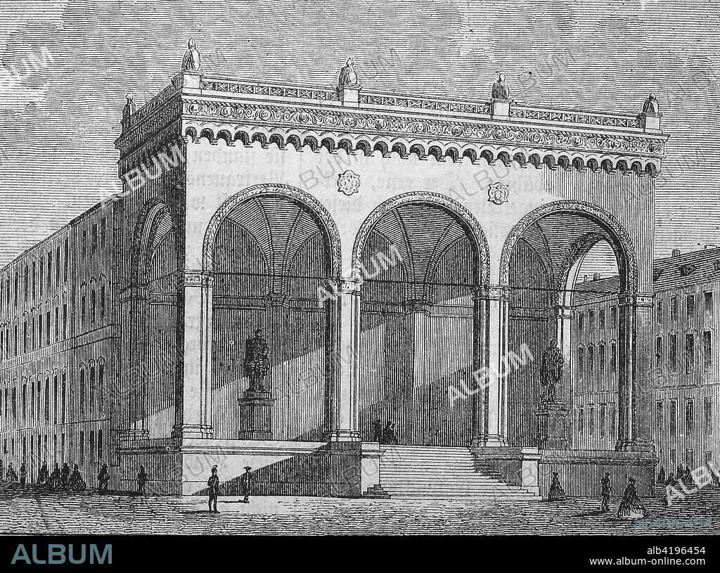 the building Feldherrnhalle at Munich, Bavaria, Germany, Digital improved reproduction of an image published between 1880 - 1885.
