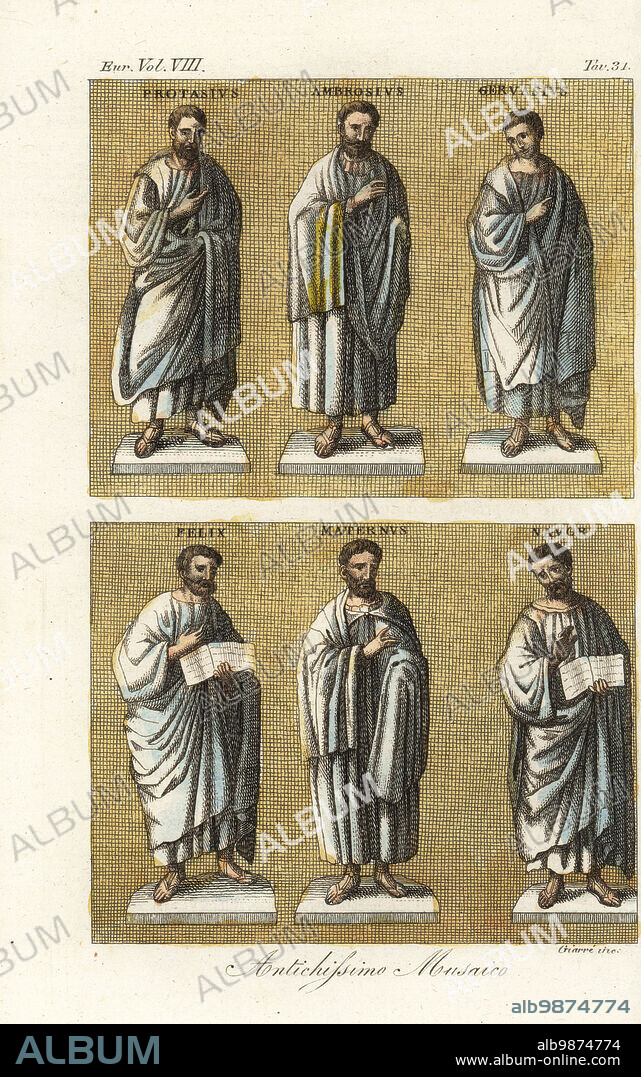 Ancient wall mosaics with portraits of saints and martyrs. Saints Gervasius, Ambrosius and Protasius (top), Saints Felix, Maternus and Nabor (below). San Vittore Chapel in the Golden Sky, Milan, 5th century. Antichissimo Musaico. Handcoloured copperplate engraving by Giarre from Giulio Ferrarios Costumes Ancient and Modern of the Peoples of the World, Il Costume Antico e Moderno, Florence, 1844.