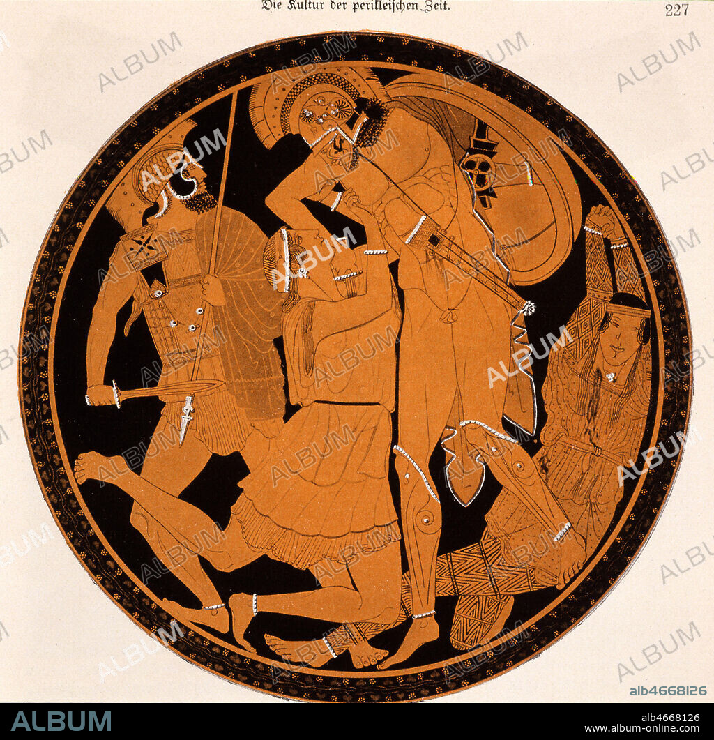 Combat entre ACHILLE et PENTHESILEE, Reine des Amazones, pendant la Guerre de Troie. Vase grec a figure rouge. Credit : Collection KHARBINE-TAPABOR;.