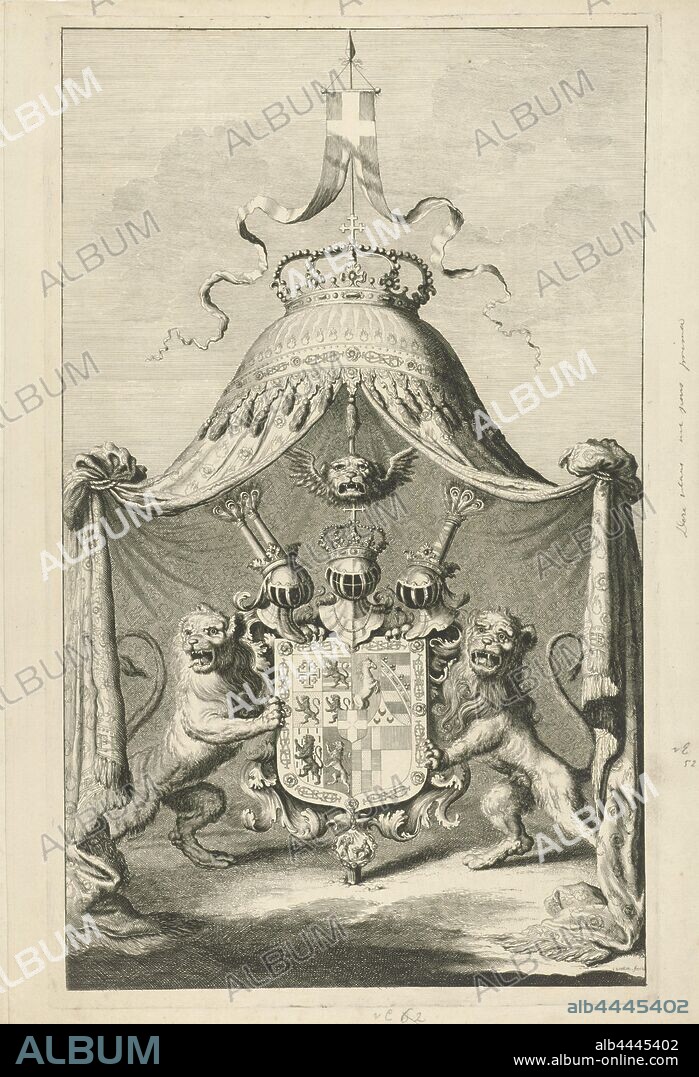 Savoy coat of arms flanked by two lions, coat of arms (as symbol of the state, etc.) (city, municipal), beasts of prey, predatory animals: lion, Savoy, Jan Luyken (mentioned on object), Amsterdam, 1682, paper, etching, h 441 mm × w 274 mm.
