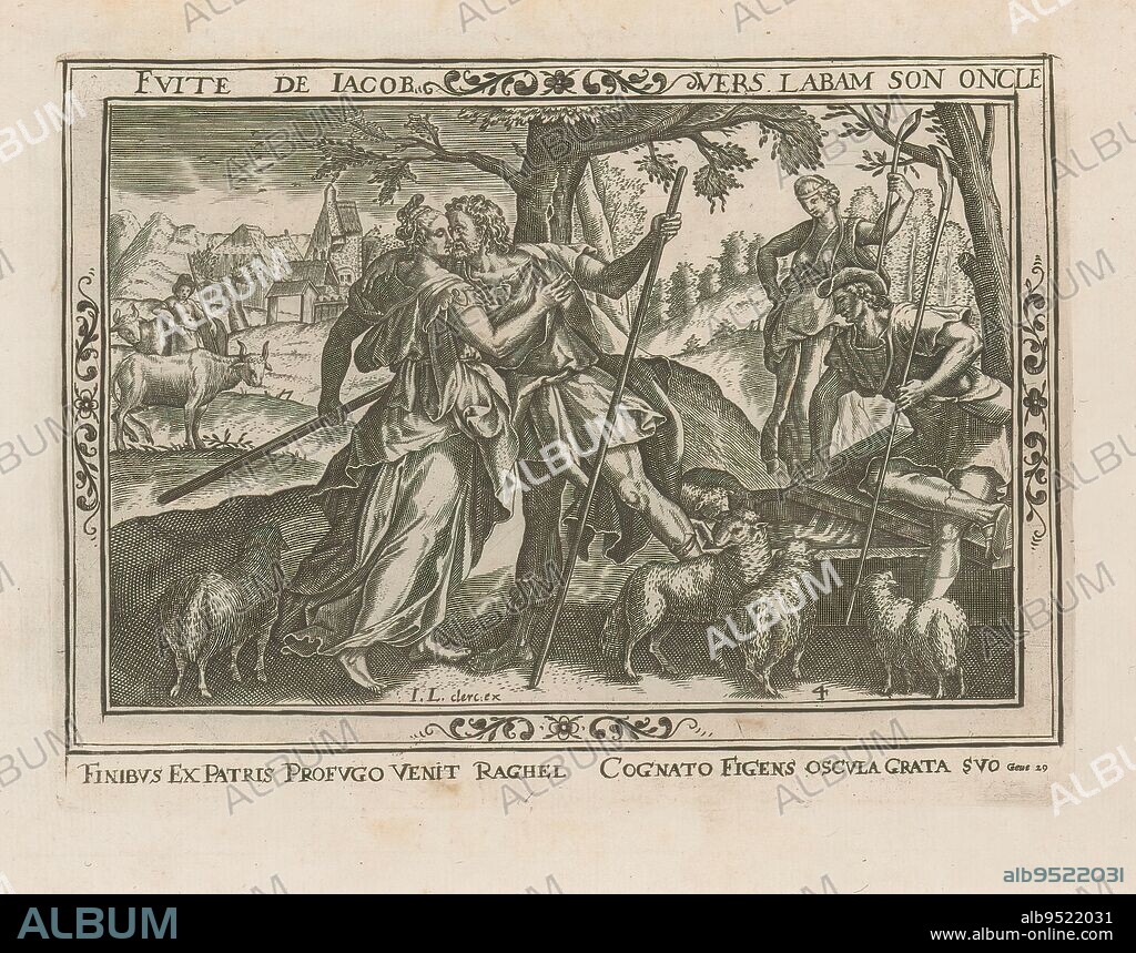 Jacob meets Rachel, Fuite de Jacob vers Labam son oncle (title on object), History of Jacob and Esau (series title), Histoire de Esaeu et de Jacob (series title on object), At the well in Haran, Jacob meets Rachel, who is giving her father's sheep to drink. Jacob embraces Rachel. In addition, the sheep are drinking at the well, from which Jacob has removed the capstone. Below the depiction a reference in Latin to the Bible text in Gen. 29. Part of a series of 4 prints of the history of Jacob and Esau. Numbered lower right: 4. Part of an album of mainly Christian scenes., print maker: anonymous, after drawing by: Maerten de Vos, after print by: anonymous, 1580 - 1621, paper, engraving, height 134 mm × width 180 mm, height 298 mm × width 182 mm.