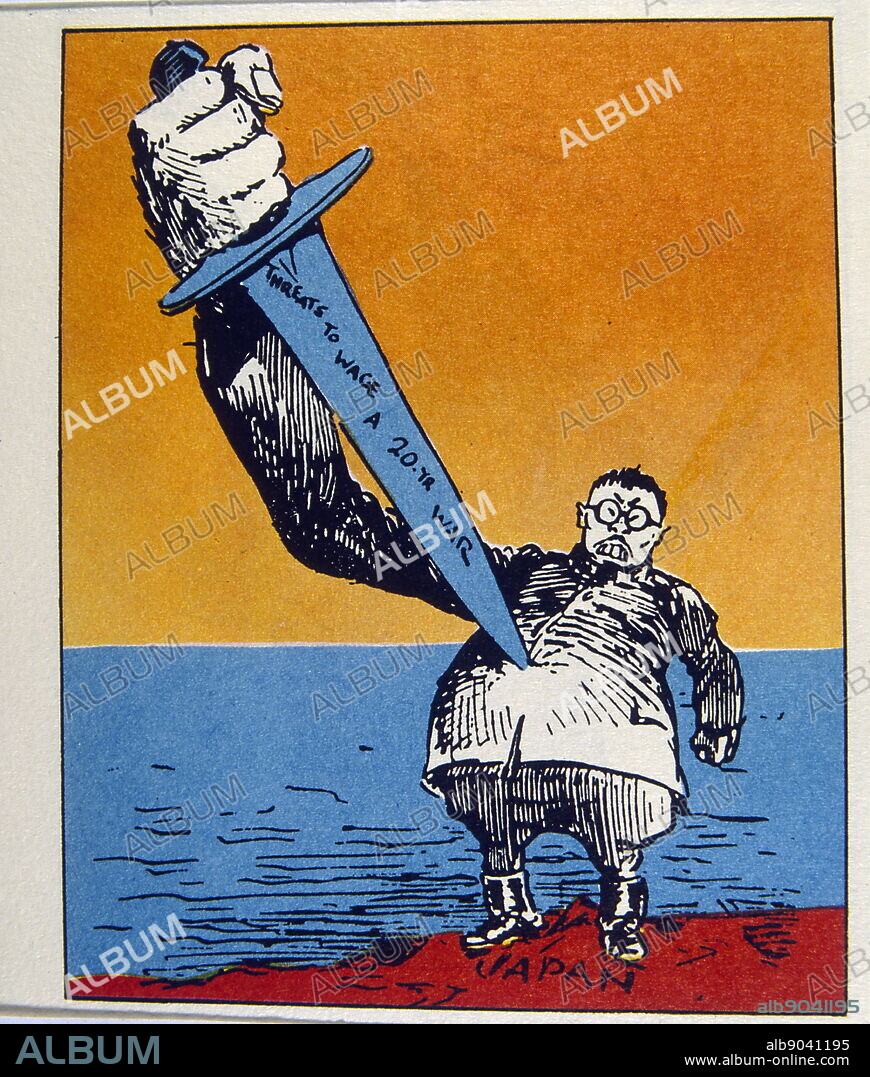 Satirical illustration depicting a Japanese War leader General Tojo about to perform ritual suicide. 1946. The sword has written on it "Threats to wage a 20-year war".