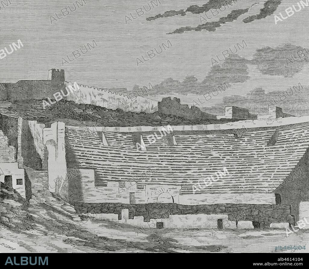 Spain, province of Valencia, Sagunto. View of the ruins of the Roman Theater. Illustration by Sesma. Engraving by Sierra, 19th century. Cronica General de Espa–a. Historia Ilustrada y Descriptiva de sus Provincias. Valencia, 1867.