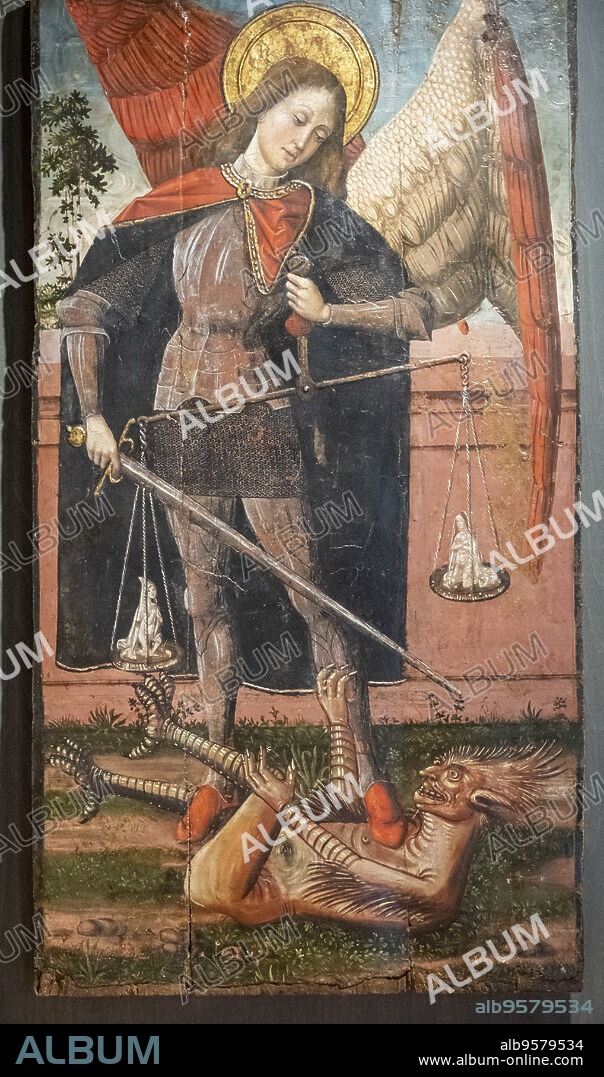 Saint Michael archangel defeating the devil, 16th century, oil on panel, Ruesta church, Diocesan Museum of Jaca, Huesca, Spain.