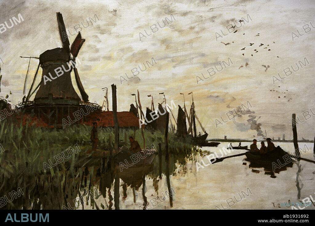 CLAUDE MONET (1840-1926). FRENCH PAINTER.. Claude Monet (1840-1926). French Impressionist painter. Windmill and Boats at Zaandam, Netherlands. Oil on canvas, 1871. Ny Carlsberg Glyptotek. Copenhagen, Denmark.