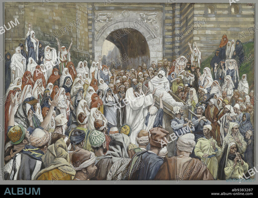 The Resurrection of the Widow's Son at Nain, La résurrection du fils de la veuve de Naïm, The Life of Our Lord Jesus Christ, La Vie de Notre-Seigneur Jésus-Christ, James Tissot, French, 1836-1902, Opaque watercolor over graphite on gray wove paper, France, 1886-1896, Image: 6 1/8 x 8 5/8 in., 15.6 x 21.9 cm, arch, Bible, Biblical, Catholicism, Christ, Christianity, crowd, French, gate, God, gospel, Jesus, Luke 7:11-23, miracle, New Testament, Religion, Religious, resurrection, Tissot, watercolor.
