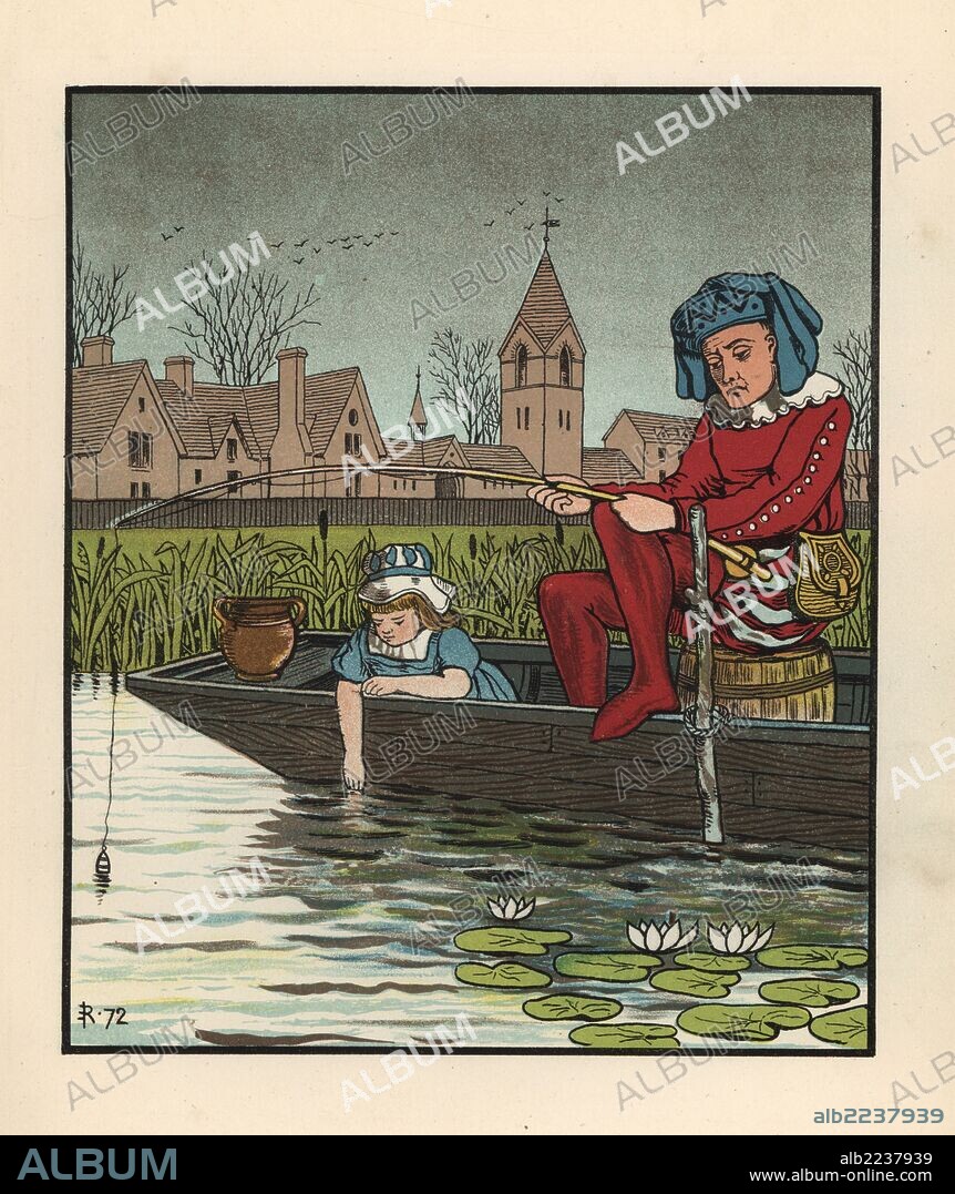 Medieval man fishing from a boat in a waterlily pond accompanied by a young girl with her hand in the water. Handcoloured lithograph after an illustration by J. E. Rogers from Francis Cowley Burnand's "Present Pastimes of Merrie England, Cassell, London, 1873.