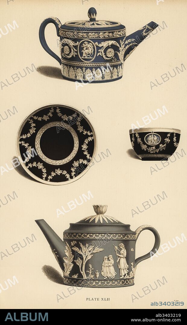 Teapot with Venus and Cupid, cup and saucer with medallion, and teapot with reliefs after Lady Templeton. Chromolithograph by W. Griggs from Frederick Rathbone's Old Wedgwood, the Decorative or Artistic Ceramic Work Produced by Josiah Wedgwood, Quaritch, London, 1898.