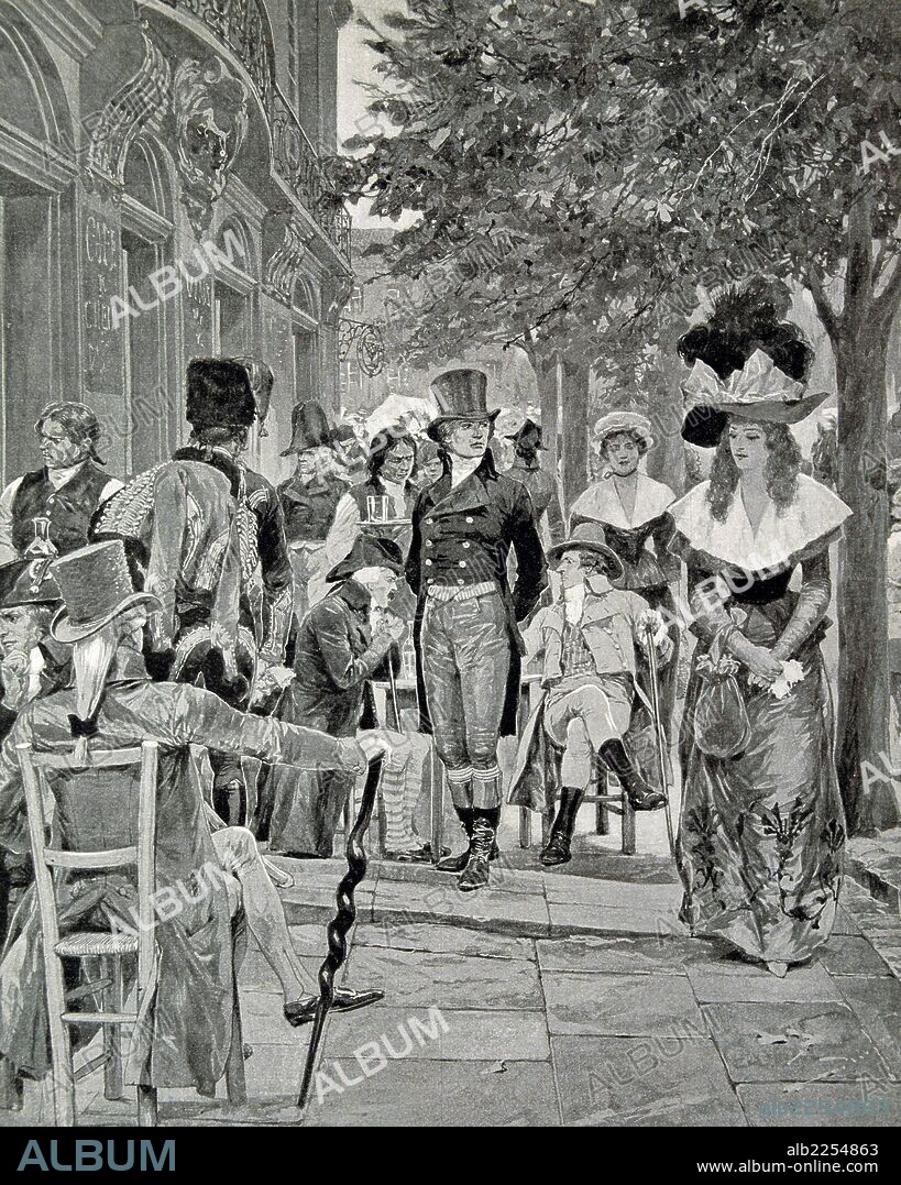 NELSON , HORACIO. ALMIRANTE BRITANICO. 1758 - 1805. " ESTANCIA EN FRANCIA EN 1874. EN EL PASEO DE OMER SE ENAMORA DE UNA JOVEN INGLESA ". GRABADO DE L ' ILLUSTRATION , AÑO 1905.