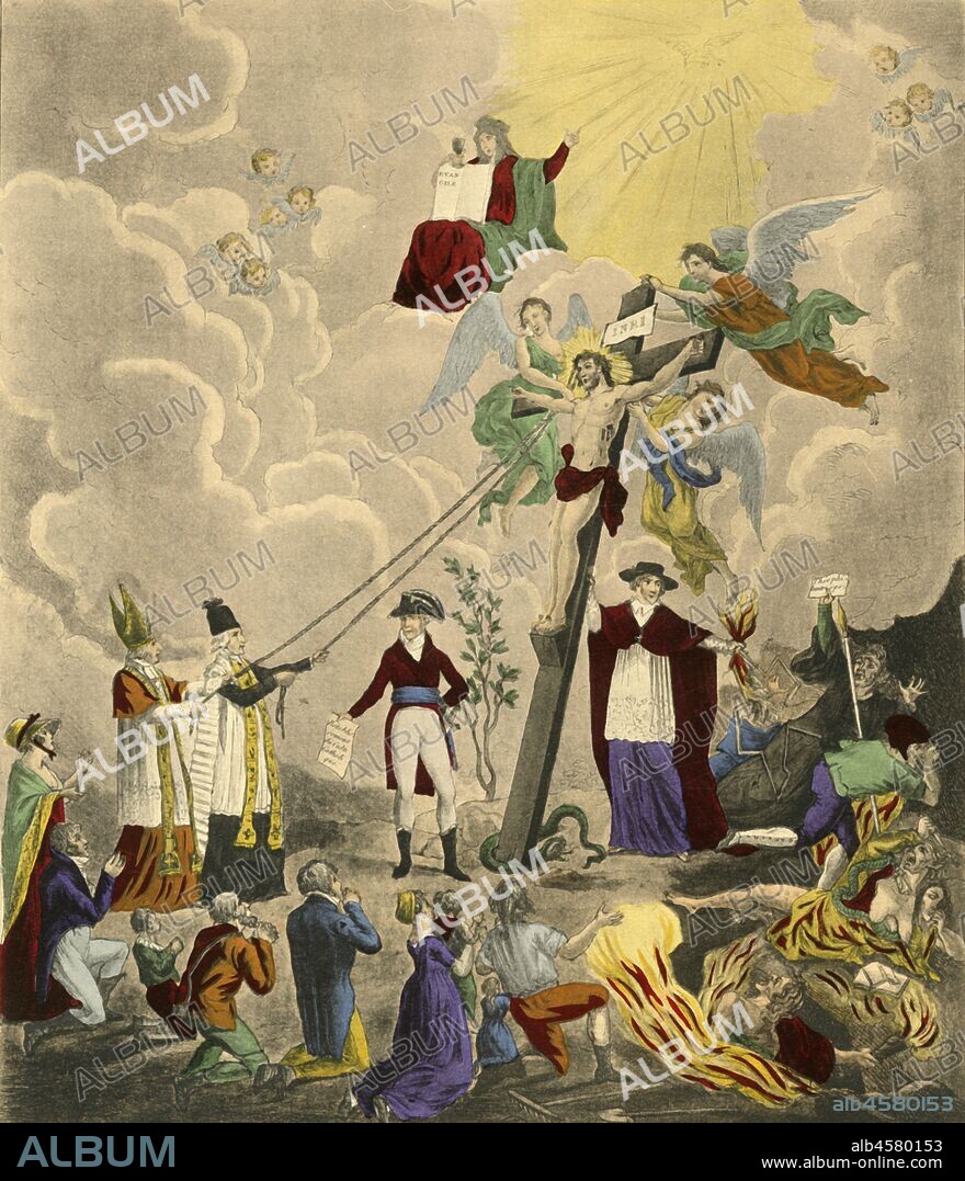 'Rétablissement du culte catholique', 1802, (1921). The restoration of Catholic worship - First Consul Napoleon Bonaparte (1769-1821) presides as bishops haul upright the cross with Christ crucified surrounded by angels. The Concordat of 1801 was an agreement between Napoleon and Pope Pius VII that reestablished the Roman Catholic Church in France. Engraving by Thomas-Charles Naudet. From "Napoleon", by Raymond Guyot, [H. Floury, Paris, 1921].