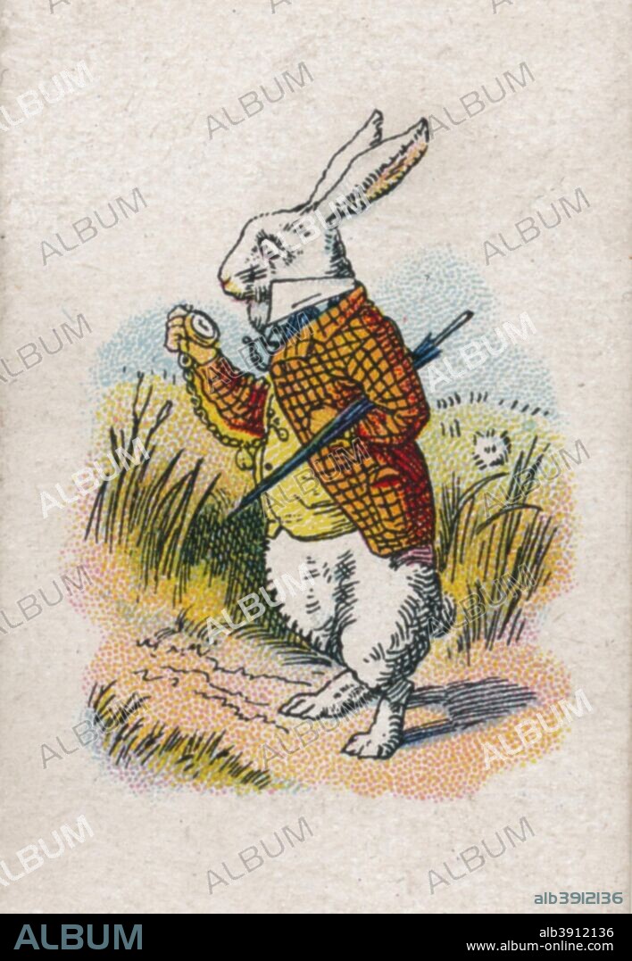 Too Late said The Rabbit', 1930. The White Rabbit from Lewis Carroll's (1832-1898) 'Alice in Wonderland'. After an illustration by John Tenniel (1820-1914) colour printed by Edward Evans (1826-1905). From the 'Alice in Wonderland' series of cigarette cards produced by Carreras Limited, 1930.