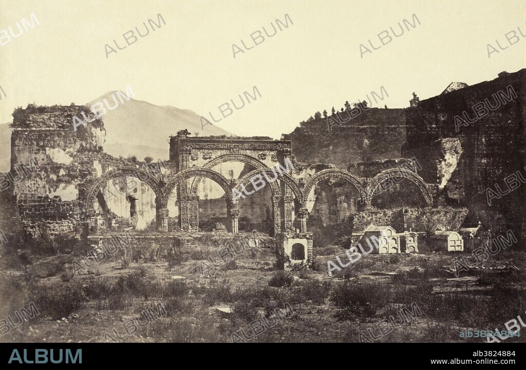 Ruins of the churrigueresque Franciscan church and convent of San Luis Obispo in Mexico. The church was an open chapel, built with only three walls in order to speed construction and accommodate larger congregations. Photographed by DÃ©sirÃ© Charnay (1828-1915) in 1858. Charnay, who began his archaeological explorations in 1858, was one of the first of archaeologist-explorers to break with the romanticized conception of ancient Mexico and use the camera as an instrument for scientific research. Churrigueresque refers to a Spanish Baroque style of elaborate sculptural architectural ornament which emerged as a manner of stucco decoration in Spain in the late 17th century and was used up to about 1750, marked by extreme, expressive and florid decorative detailing, normally found above the entrance on the main facade of a building.