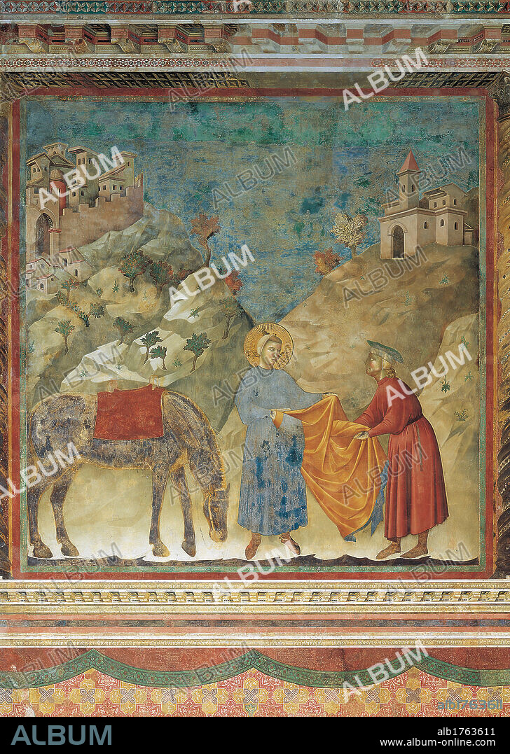 The Gift of the Mantle, by Giotto, 1297-1299, 13th Century, fresco, cm 270 x 230. Italy, Umbria, Perugia, Assisi, Upper Basilica of San Francesco, nave. All. Saint Francis aureole halo horse saddle mantle cloak poor man gift present red light blue blue yellow landscape rocks city walls fortifications towers battlement crenellation.
