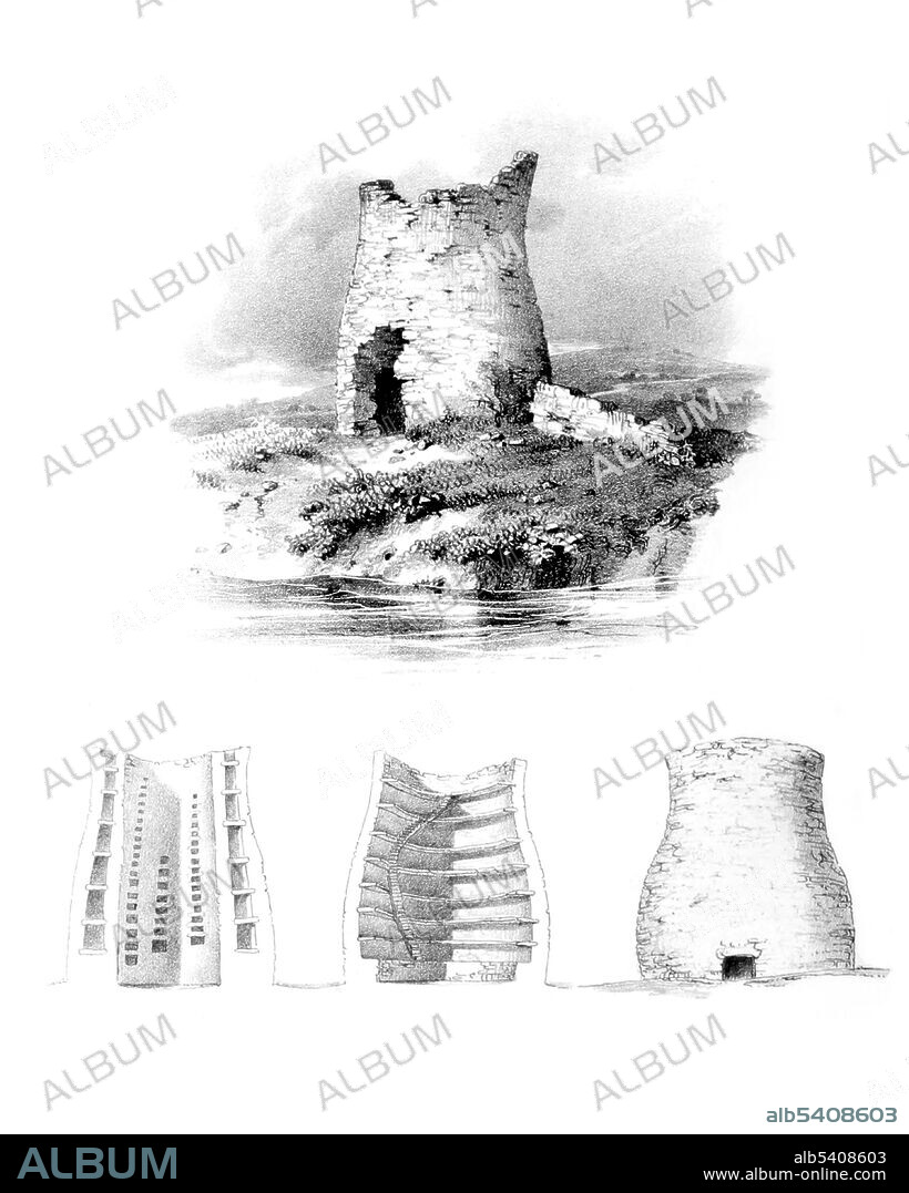 Pict towers, Isle of Lewis. A broch is an Iron Age drystone hollow-walled structure found in Scotland. Their origin is a matter of some controversy. The original interpretation of brochs, favored by 19th century antiquarians, was that they were defensive structures, places of refuge for the community and their livestock. They were sometimes regarded as the work of Danes or Picts. Brochs have a single entrance with bar-holes, door-checks and lintels. There are mural cells and a scarcement (ledge). Also there is a spiral staircase winding upwards between the inner and outer wall and connecting the galleries. Brochs vary from 16-50 ft in internal diameter, with 10 ft thick walls. Image taken from The Celtic Druids by Godfrey Higgins, 1827 (cropped and cleaned).