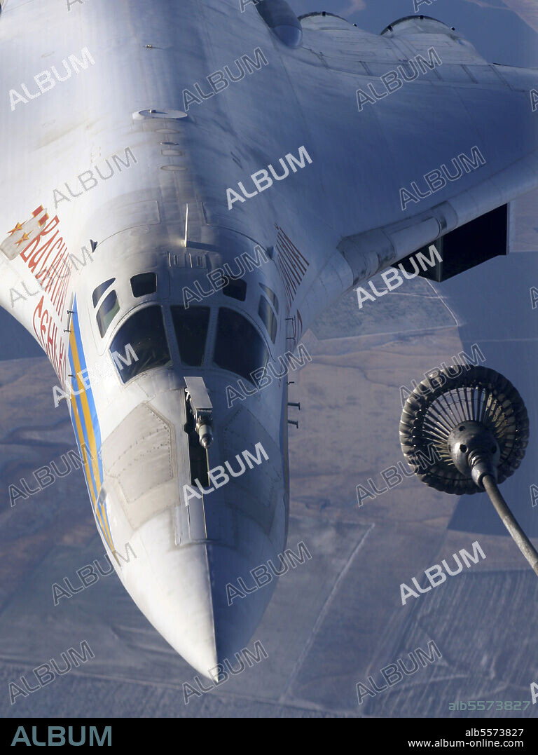Tupolev Tu-160M strategic bomber of the Russian Air Force during aerial refueling training over Russia.