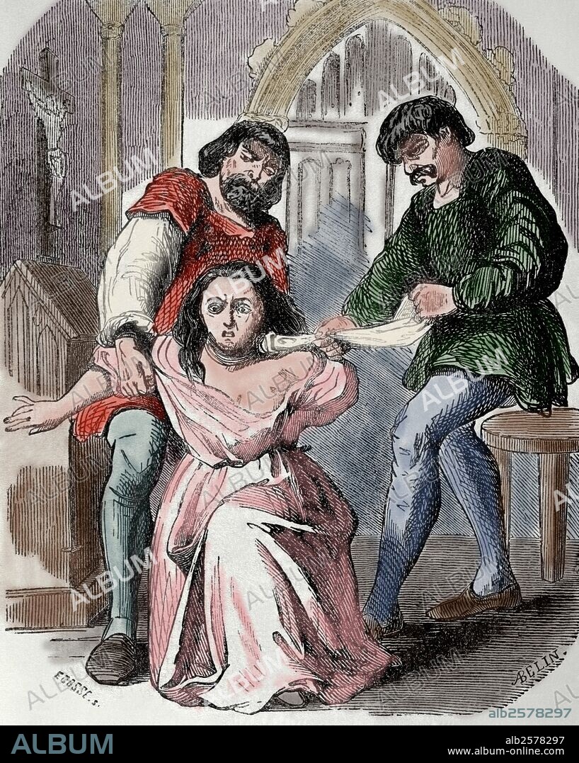 MARGARITA DE BORGOÑA (1290-1315). Reina de Francia y de Navarra. Perteneciente a la primera rama borgoñona de la Dinastía de los Capetos. El 15 de agosto de 1315, Margarita de Borgoña fue encontrada muerta en su celda del castillo de Gaillard, presuntamente asesinada por orden de su esposo, que deseaba contraer matrimonio con Clemencia de Hungría. Grabado coloreado del siglo XIX.