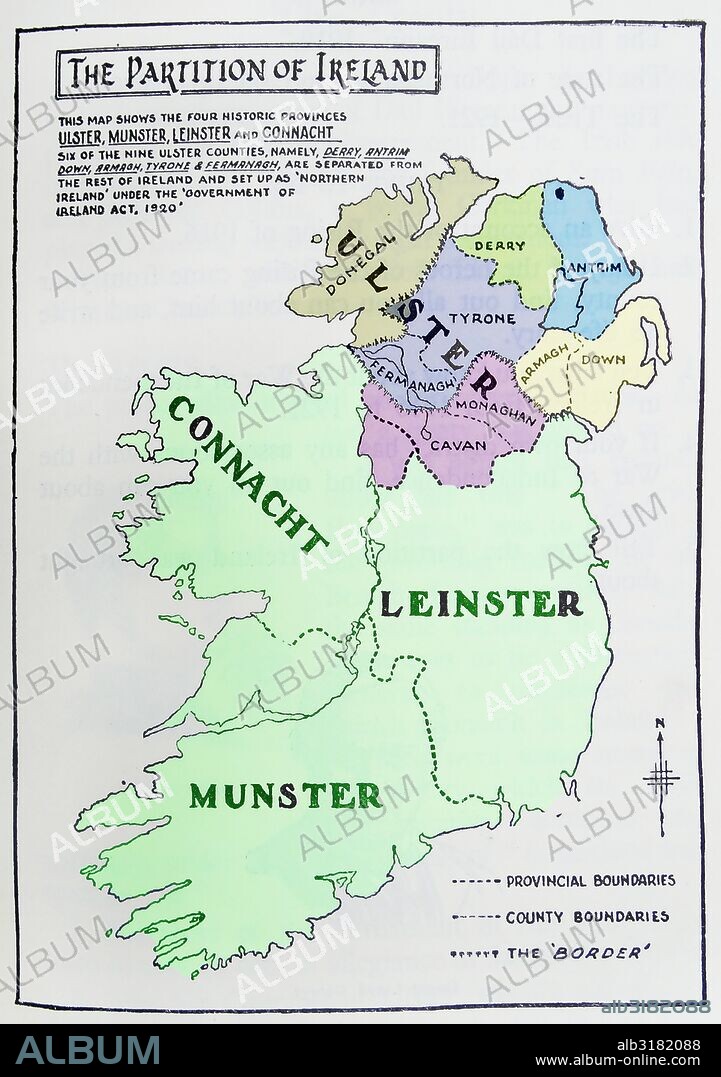 Map of the partition of Ireland; the division of the island of Ireland into two distinct territories; Northern Ireland and Southern Ireland in 1921.