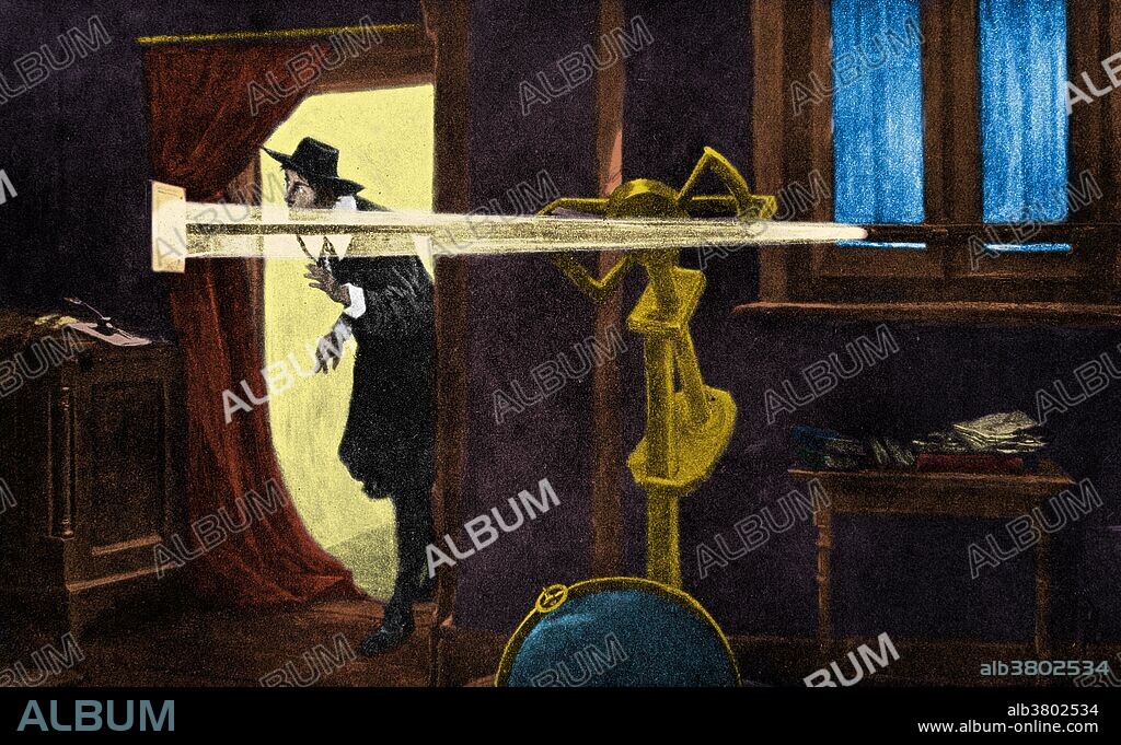 Jeremiah Horrocks first observing the transit of Venus by causing the sun's disc to be thrown through a tube so as to show the planet crossing the sun's face. From a painting (1891) by Eyre Crowe. Jeremiah Horrocks (1618-1641) was an English astronomer and the first person to demonstrate that the Moon moved around the Earth in an elliptical orbit. He was the only person to predict the transit of Venus of 1639, an event which he and his friend William Crabtree were the only two people to observe and record. Transits of Venus across the disk of the Sun are among the rarest of planetary alignments. Only eight such events have occurred since the invention of the telescope. A transit of Venus across the Sun takes place when the planet Venus passes directly between the Sun and Earth (or another planet), becoming visible against the solar disk. During a transit, Venus can be seen from Earth as a small black disk moving across the face of the Sun. Venus transits are historically of great scientific importance as they were used to gain the first realistic estimates of the size of the Solar System. This image has been color enhanced.