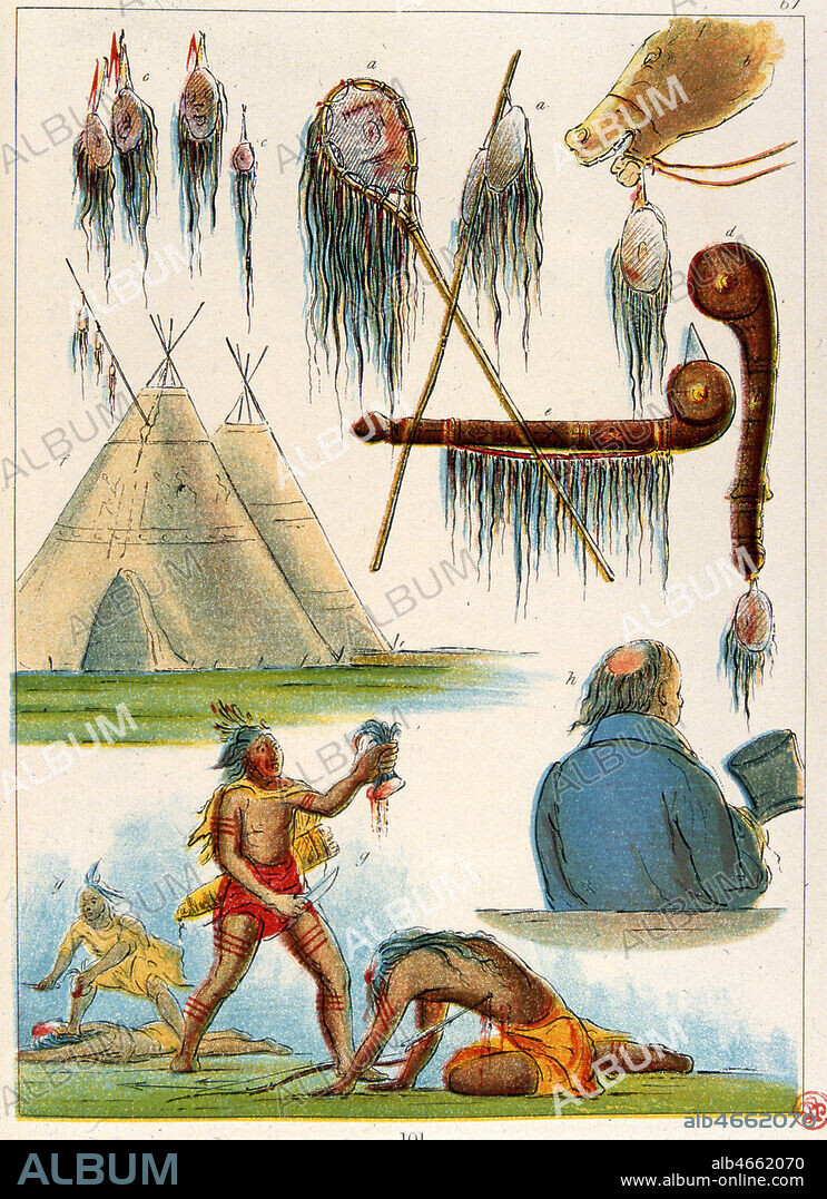 'Scalps- employes comme ornements. Indien en scalpant un autre. Cicatrice de scalp sur la tete d'un blanc.', illustration tiree de l'ouvrage 'North American Indians' par George CATLIN (1796-1872) publie vers 1840 . (19e, 19eme, XIXe s.) Credit : Collection JEAN VIGNE / KHARBINE TAPABOR.