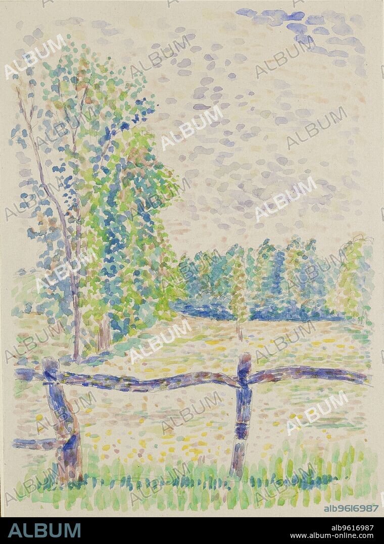 LUCIEN PISSARRO. La Barrière, Eragny Meadows, c1886.  Dimensions: height x width: sheet 21.2 x 15.5 cm.