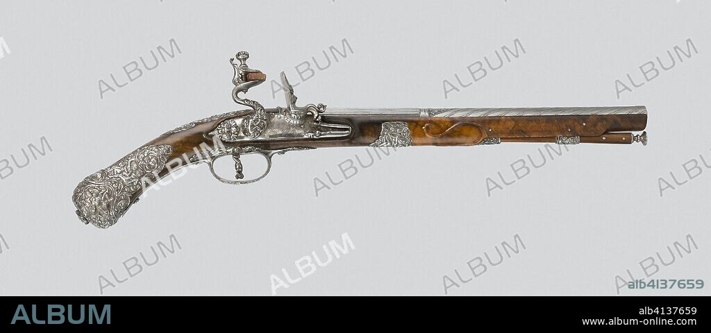 Flintlock Pistol. Gunsmith: Vincenzo Marini (Italian); Brescia; Barrel signed Lazzarino Cominazo. Date: 1670-1680. Dimensions: L. 48 cm (18 7/8 in.)
Barrel L. 30.8 cm (12 1/8 in.)
Wt. 1 lb. 12 oz. 
Caliber .52. Steel, iron, and walnut. Origin: Brescia.