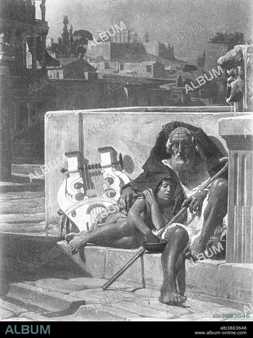 Homer and his young guide rest for the night. In the Western classical tradition, Homer is the author of the Iliad and the Odyssey, and is revered as the greatest of ancient Greek epic poets. The Iliad deals with the Trojan war between the Greeks and the inhabitants of Troy. The Odyssey tells of the travels of the Greek hero Odysseus as he returns home after the Trojan war. These epics lie at the beginning of the Western canon of literature, and have had an enormous influence on the history of literature. When he lived is unknown but, modern researchers place him in the 7th or 8th centuries BC. He is most frequently said to be born in the Ionian region of Asia Minor, at Smyrna, or on the island of Chios. Aristotle remarks in his Poetics that Homer was unique among the poets of his time, focusing on a single unified theme or action in the epic cycle. His name has been interpreted as meaning "he who accompanies; he who is forced to follow", or, in some dialects, "blind". This led to many tales that he was a hostage or a blind man who was led around by a young shepherd or goat herder.