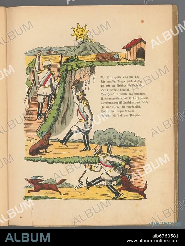 Geschichte / Erster Weltkrieg / Propaganda. "Die Geschichte vom bösen Nikolai. (...) Vor ihrer Hütte Tat für Tag / Die deutsche Dogge friedlich lag (...) ". (Antirussische Kariatur: Großfürst Nikolai Nikolajewitsch, Oberbefehlshaber der russischen Streitkräfte im Ersten Weltkrieg, in der Rolle des "Bösen Friederich"). Farbdruck nach Zeichnung von Karl Ewald Olszewksi (1884-1965). Aus: Karl Ewald Olszewski, Der Kriegs-Struwwelpeter. Lustige Bilder und Verse, München (Holbein-Verlag) Verlag) 1915, Bl. 4 (Freie Bearbeitung der Verse und Bilder des Kinderbuches "Der Struwwelpeter" von Heinrich Hoffmann von 1847). Privatsammlung.