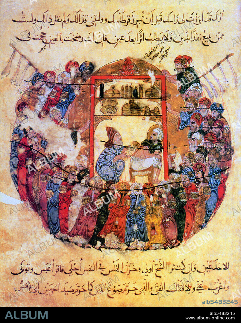 In this 1240 CE illustrated page from al-Hariri's 'Maqama', a roadside doctor is 'cupping' a patient's back when they begin to argue over payment. A crowd gathers to watch the spectacle, at which point the doctor and the patient reveal themselves to be actors and beg for alms before vanishing. The 'Maqama' are a collection of picaresque Arabic tales written in the form of rhymed prose in which rhetorical extravagance is conspicuous. The style was invented in the 10th century by Badi al-Zaman al-Hamadhani and extended by Abu Muhammed al-Qasim ibn Ali al-Hariri of Basra the following century. The protagonists in the tales are invariably silver-tongued hustlers, especially the roguish Abu Zaid al-Saruji, who trick the narrator and who live on their wits and dazzle onlookers with displays of acrobatics, acting and by reciting poetry.