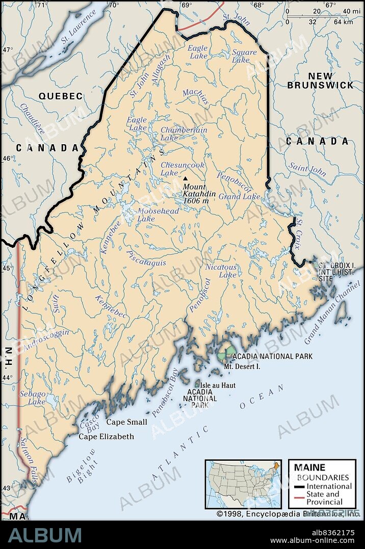 Physical map of Maine.