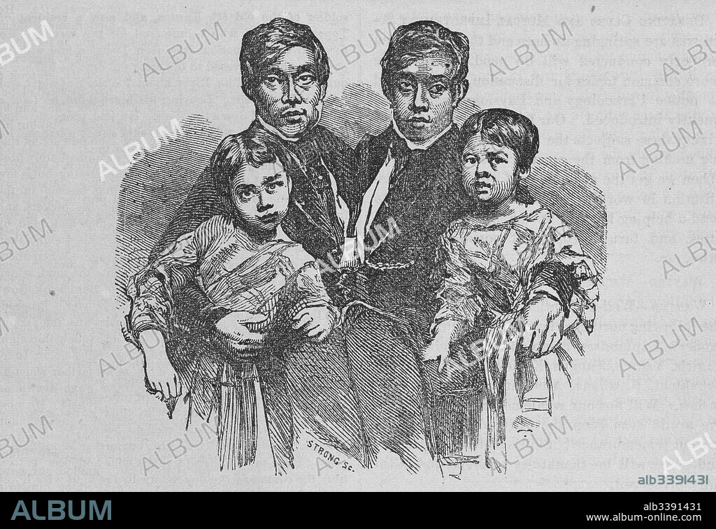 Portrait of Siamese twins Chang and Eng Bunker, posing with their children, 1865.