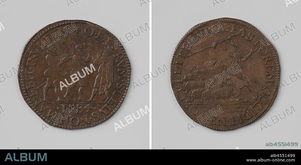 Murder of William I, Prince of Orange-Nassau, by Balthasar Gerard in Delft, Copper Medal. Front: Gerard takes the hat off for Prince of Orange, while he shoots him in the head, left: Philip II, who encourages a murderer within a cover, cut: year. Reverse: shepherd gets bitten by throat, while herding his sheep above inscription inside, Prinsenhof, Willem I (Prince of Orange), Balthasar Gerards, Philip II (King of Spain), Gerard van Bylaer, Dordrecht, 1584, copper (metal), striking (metalworking), d 3 cm × w 69 gr.
