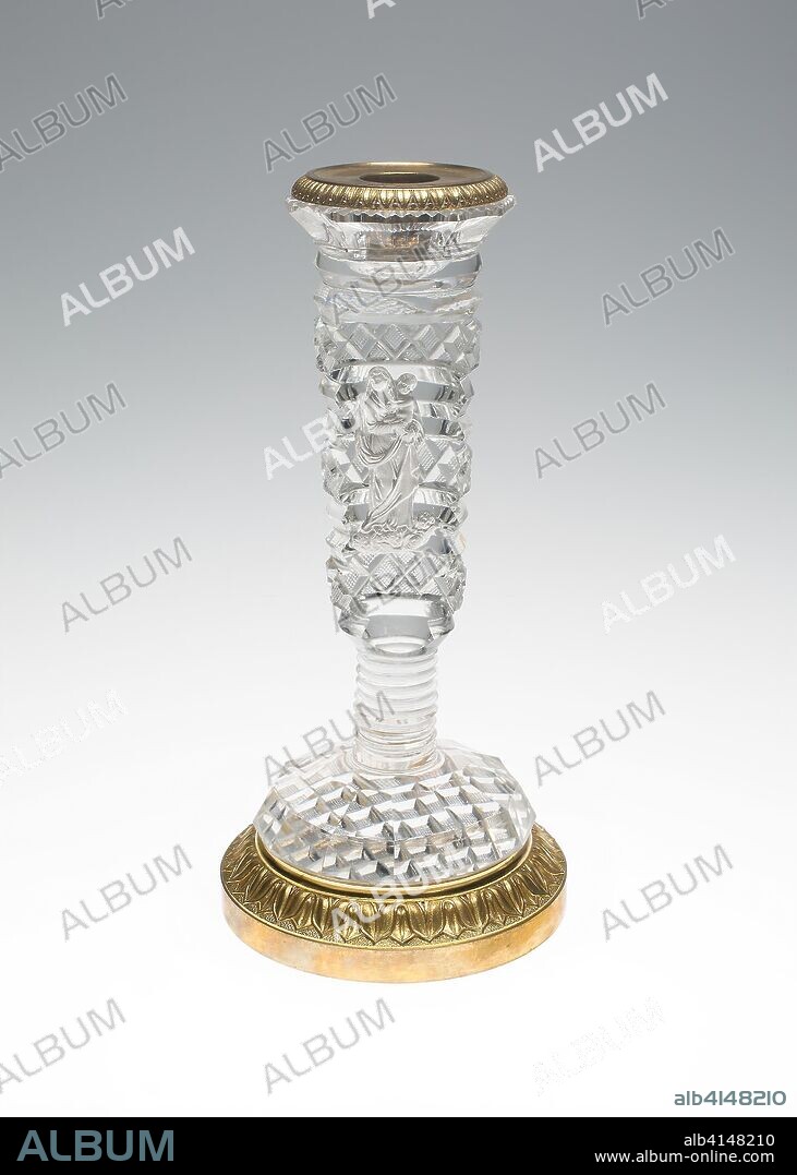 GLASSWORKS HARRACHOV CZECHOSLOVAKIA. Candlestick with Madonna and Child. Bohemia, Czech Republic; Harrachov Glassworks (founded 1831). Date: 1830-1845. Dimensions: H. 23.9 cm (9 3/8 in.). Glass with gilt bronze mounts. Origin: Bohemia.
