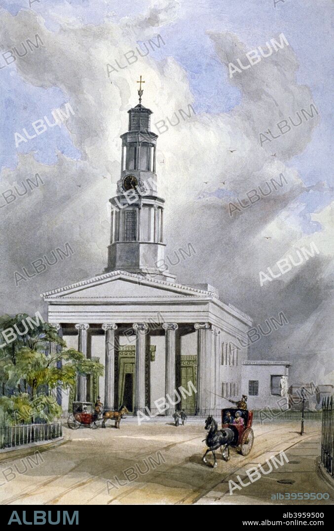 View of St Pancras New Church with carriages on Euston Road, London, 1855.