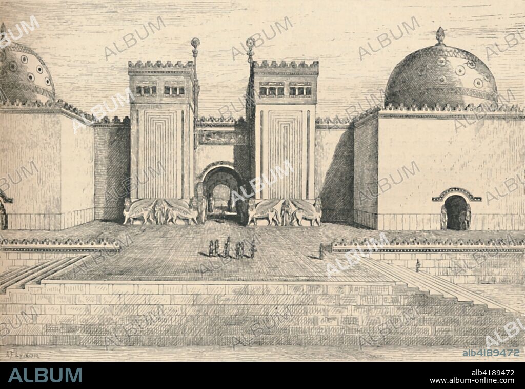 'Sargon's Palace, Khorsabad: The South-Eastern Gate', 1886. 19th century imagining of Dur-Sharrukin ('Fort Sargon'), the Assyrian capital built by King Sargon II shortly after he came to the throne in 721 BC. From The Magazine of Art. [Cassell & Company, London, 1886].