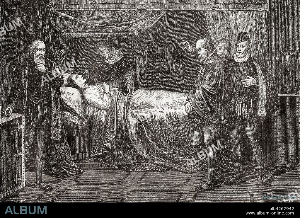 The death of Carlos,  Prince of Asturias in 1568 Carlos,  Prince of Asturias aka Don Carlos,  1545 – 1568 Eldest son and heir-apparent of King Philip II of Spain From Historia de los Crimenes del Despotismo,  published 1870.