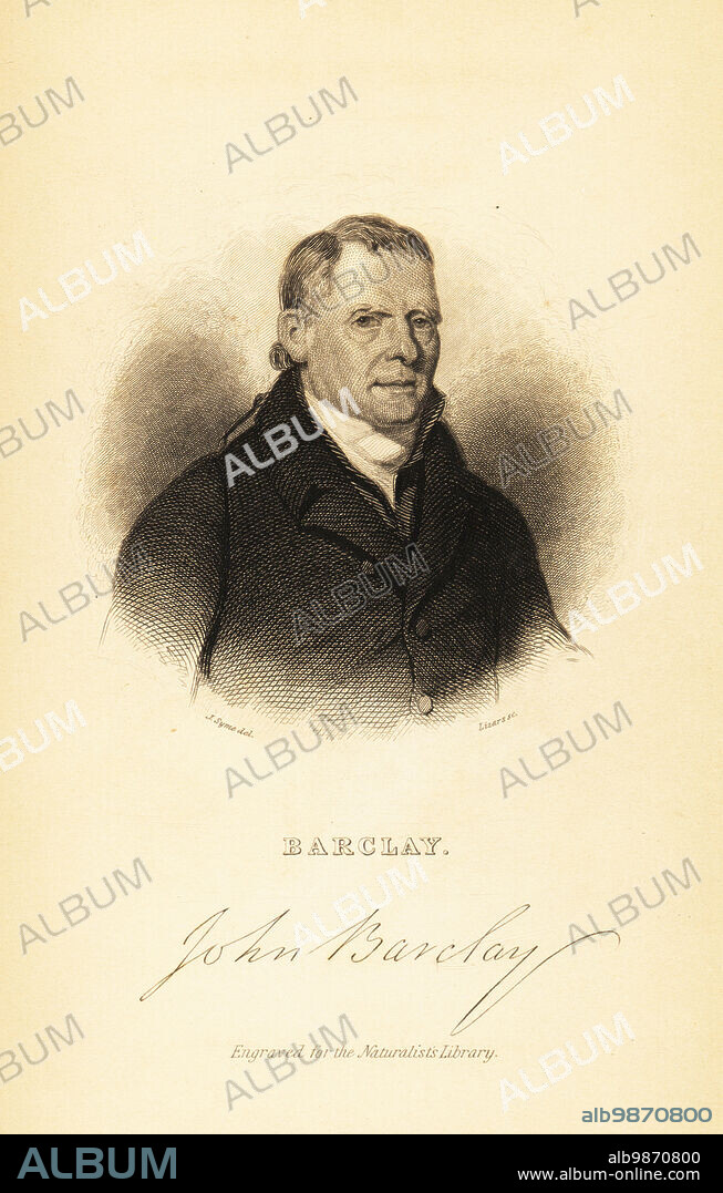 Portrait of John Barclay, 1758-1826, Scottish comparative anatomist and director of the Highland Society of Scotland. Steel engraving by Lizars after an illustration by John Syme from George Robert Waterhouse's Marsupialia or Pouched Animals, Volume XI of the Naturalists Library, W. H. Lizars, Edinburgh, 1841. Waterhouse (1810-1888) was curator at the Zoological Society of Londons museum.