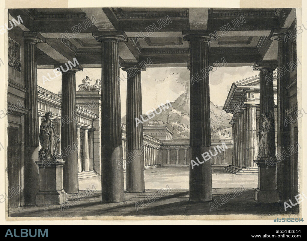 Stage Design for the opera 'L'Ultima giorno di Pompei,' at La Scala, Milan, 1827, Romolo Achille Liverani, Italian, 1809 - 1872, Alessandro Sanquirico, Italian, 1777 - 1849, Pen and black ink, brush and wash on off-white wove paper, Horizontal rectangle. Porticoes around a temple building, in the background an erupting volcano., Italy, early 19th century, theater, Drawing, Drawing.