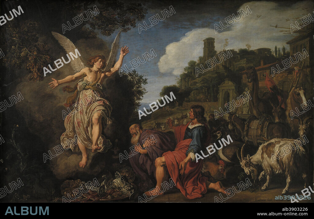 PIETER LASTMAN. The Angel Raphael Takes Leave of Old Tobit and his Son Tobias. Date/Period: 1618. Painting. Oil on panel. Height: 620 mm (24.40 in); Width: 930 mm (36.61 in).